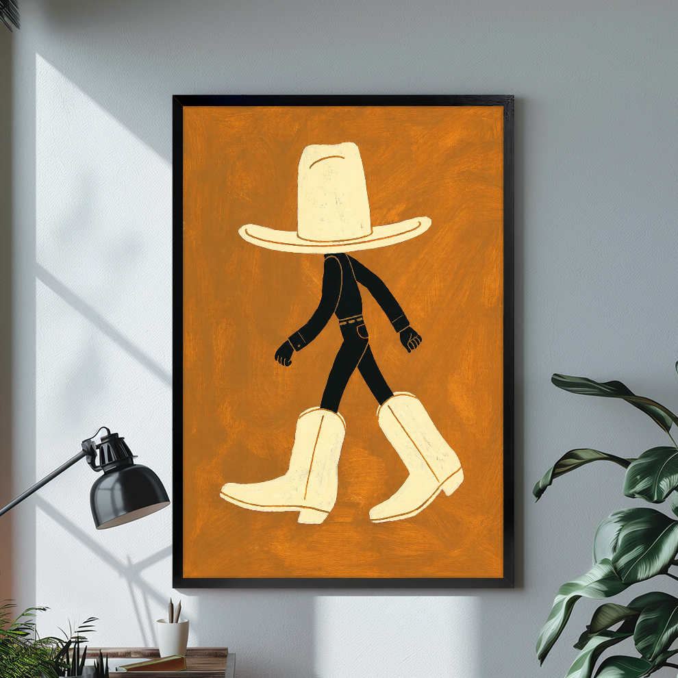 Black framed walking hat and boots canvas on a pale wall above a desk and plant.