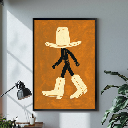 Black framed walking hat and boots canvas on a pale wall above a desk and plant.