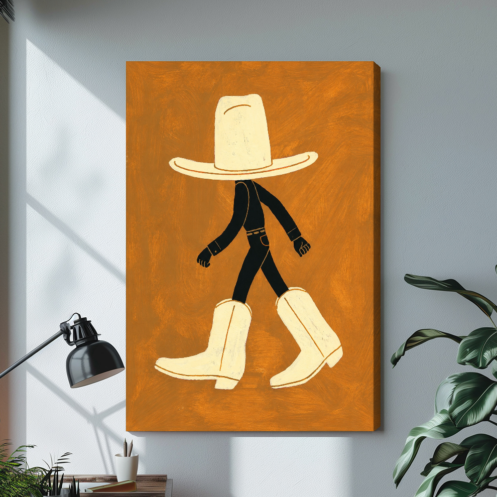 Stretched walking hat and boots canvas with a shaded wrapped edge in the selected room setting.