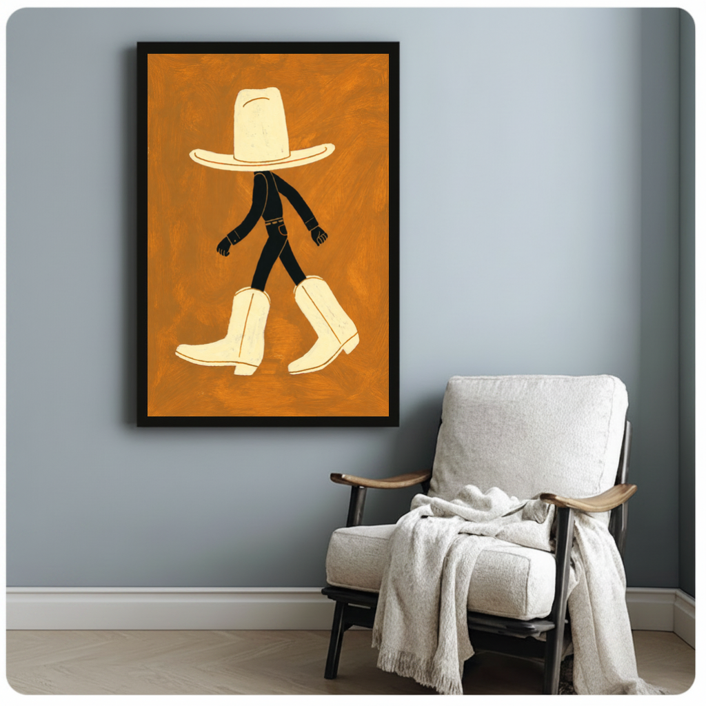 Framed walking hat and boots canvas beside a pale reading chair on a blue gray wall.