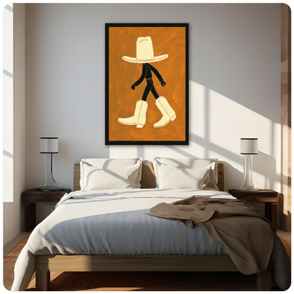 Framed walking hat and boots canvas above a neutral bed beside soft bedroom lighting and lamps.