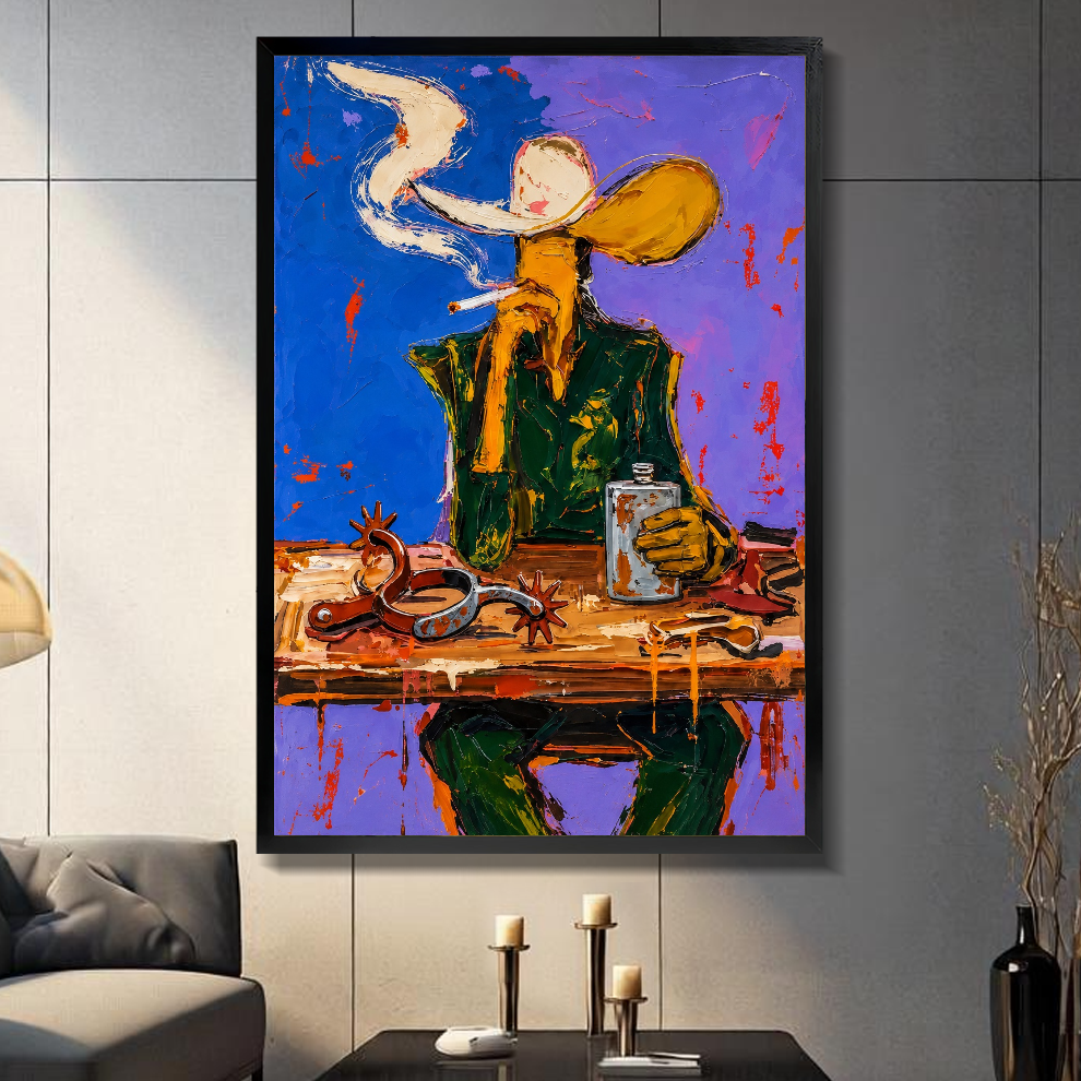 Black framed purple smoking cowboy canvas on a dark paneled wall beside warm candles.