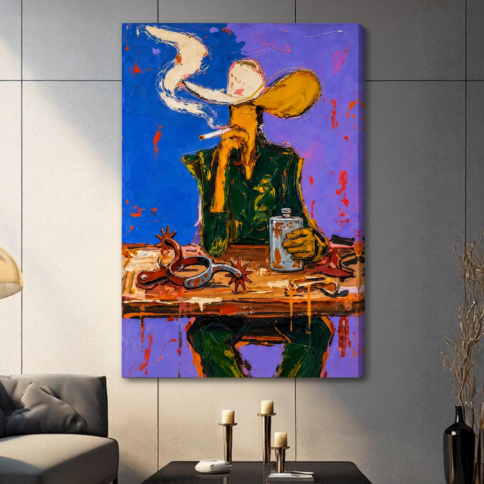 Stretched purple smoking cowboy canvas with a shaded wrapped edge in the selected room setting.