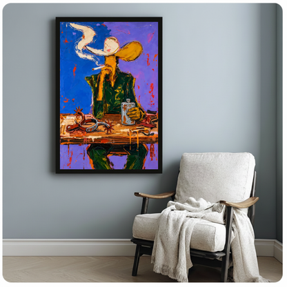 Framed purple smoking cowboy canvas beside a pale reading chair on a blue gray wall.