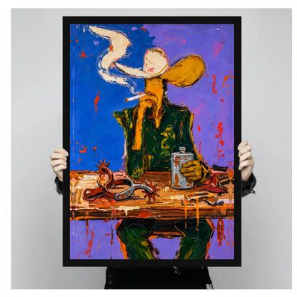 Framed purple smoking cowboy canvas held by a person against a light neutral background.
