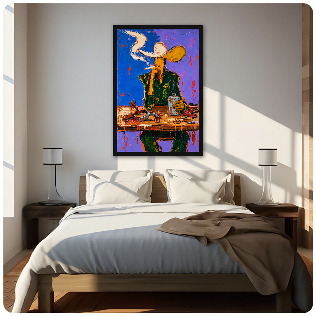 Framed purple smoking cowboy canvas above a neutral bed beside soft bedroom lighting and lamps.