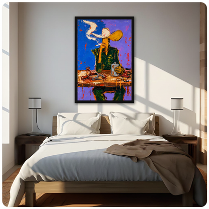 Framed purple smoking cowboy canvas above a neutral bed beside soft bedroom lighting and lamps.