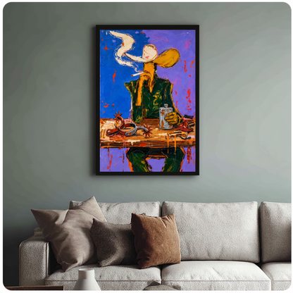 Framed purple smoking cowboy canvas above a neutral sofa with cushions against a muted wall.