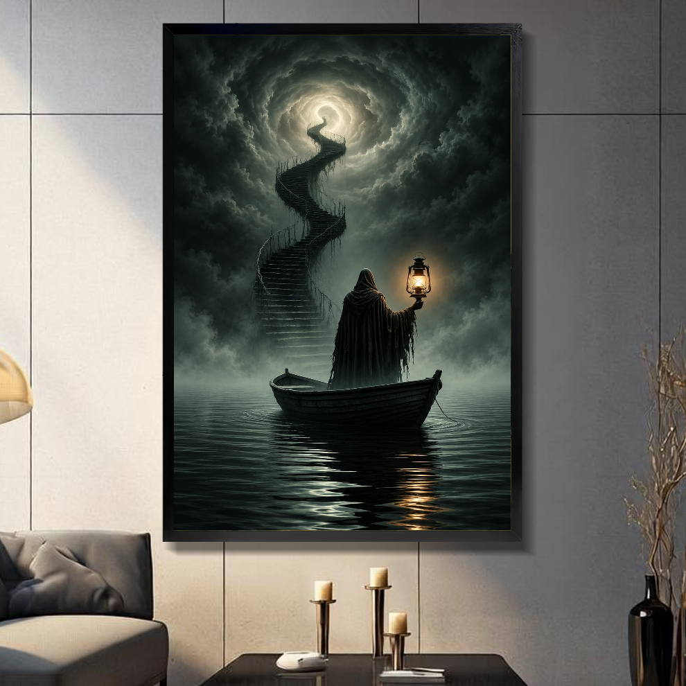 Black framed lantern boat cloud stairway canvas on a dark paneled wall beside warm candles.