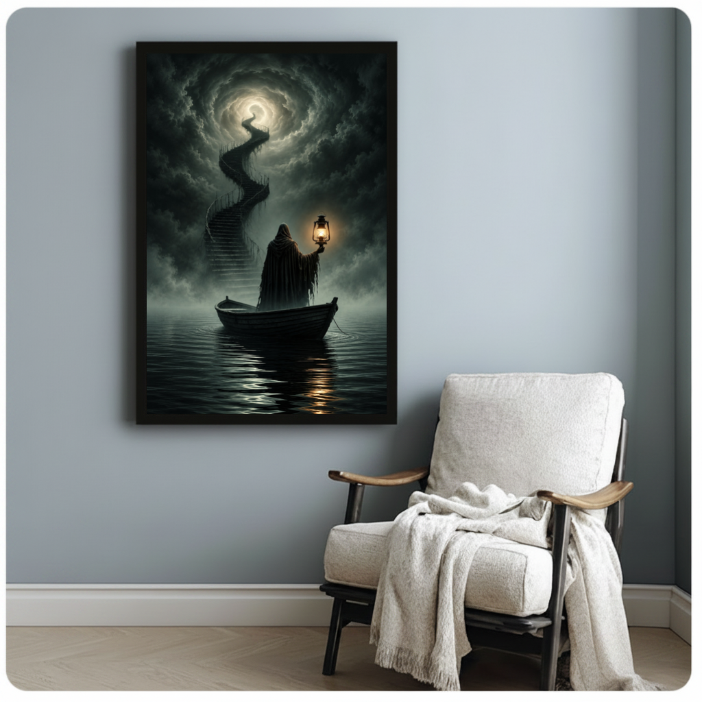 Framed lantern boat cloud stairway canvas beside a pale reading chair on a blue gray wall.