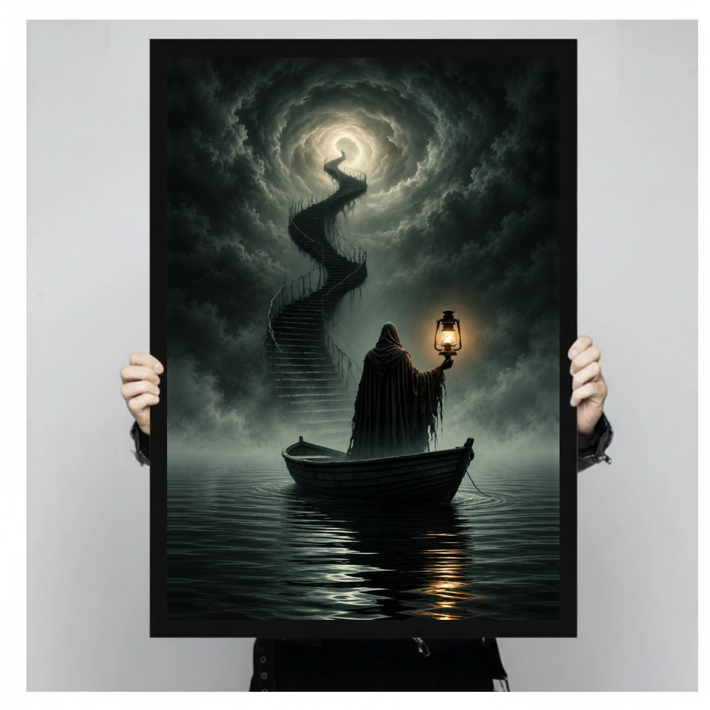 Framed lantern boat cloud stairway canvas held by a person against a light neutral background.