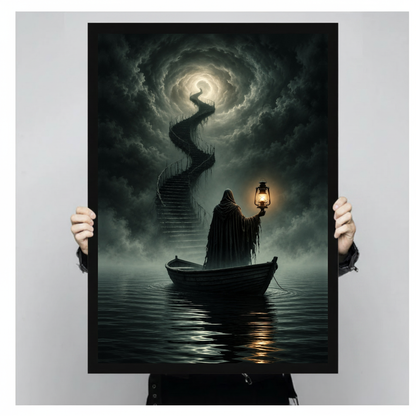 Framed lantern boat cloud stairway canvas held by a person against a light neutral background.