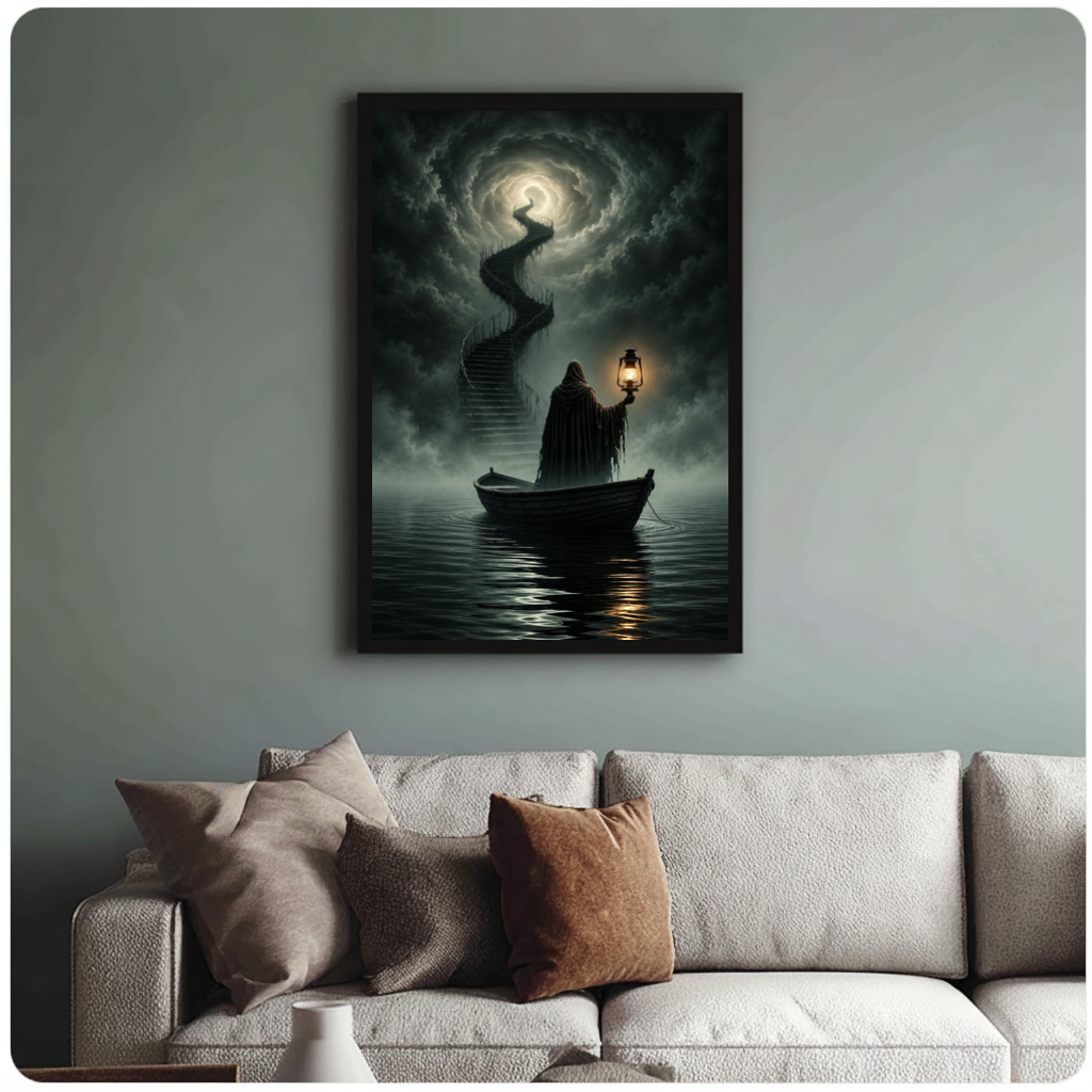 Framed lantern boat cloud stairway canvas above a neutral sofa with cushions against a muted wall.