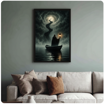 Framed lantern boat cloud stairway canvas above a neutral sofa with cushions against a muted wall.