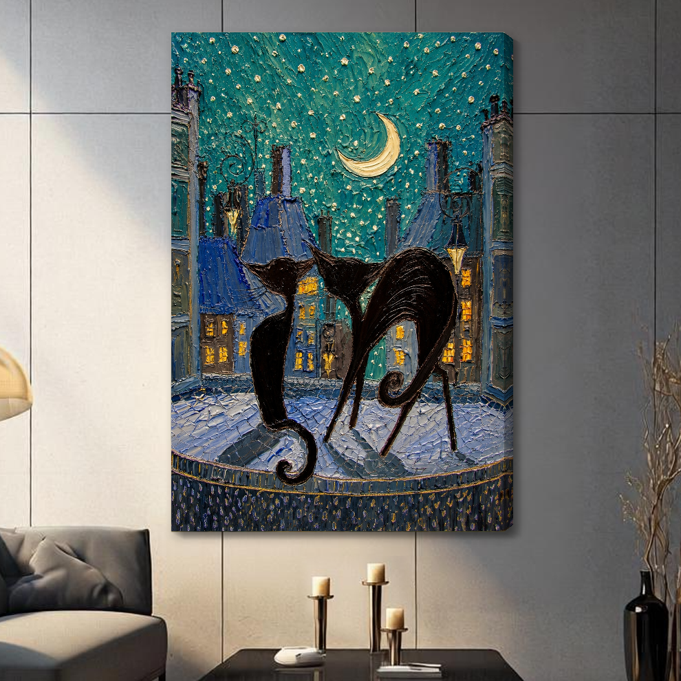 Stretched moonlit city black cats canvas with a shaded wrapped edge in the selected room setting.