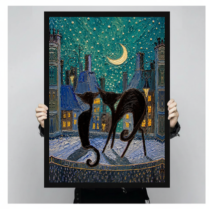 Framed moonlit city black cats canvas held by a person against a light neutral background.