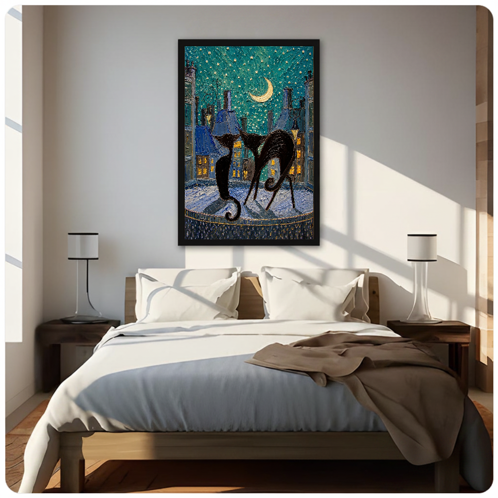 Framed moonlit city black cats canvas above a neutral bed beside soft bedroom lighting and lamps.