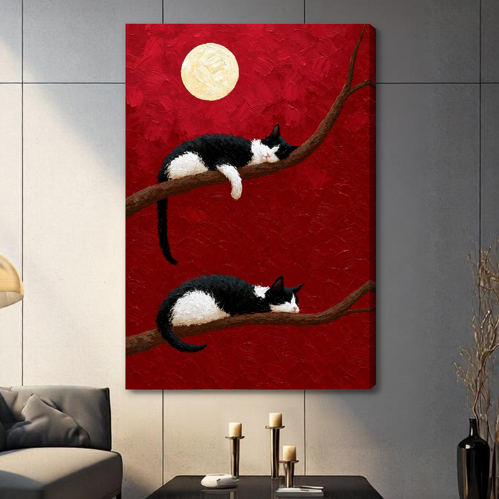 Stretched sleeping cats full moon canvas with a shaded wrapped edge in the selected room setting.