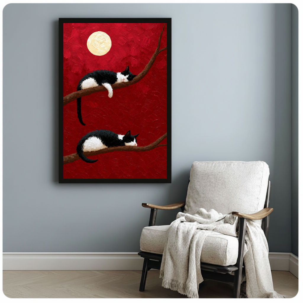 Framed sleeping cats full moon canvas beside a pale reading chair on a blue gray wall.
