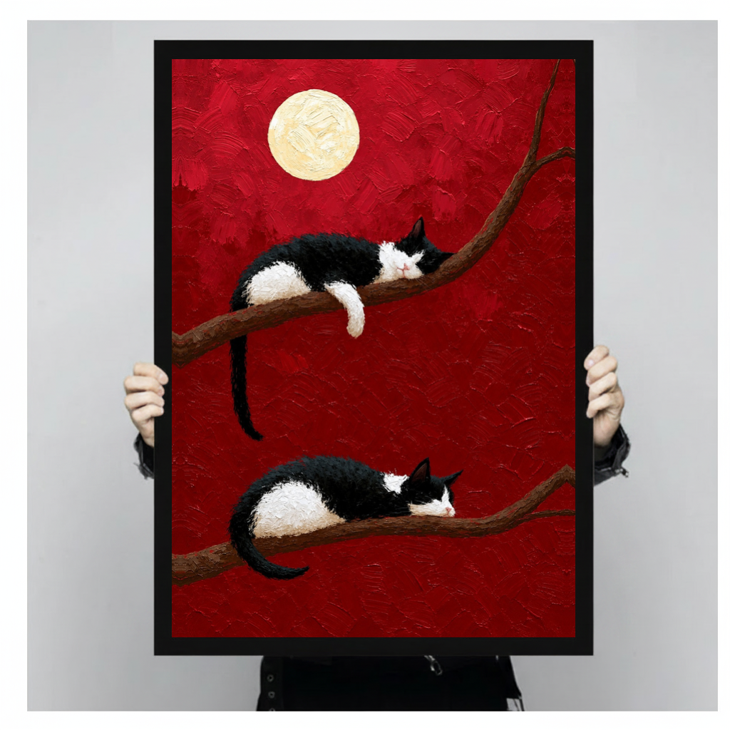 Framed sleeping cats full moon canvas held by a person against a light neutral background.