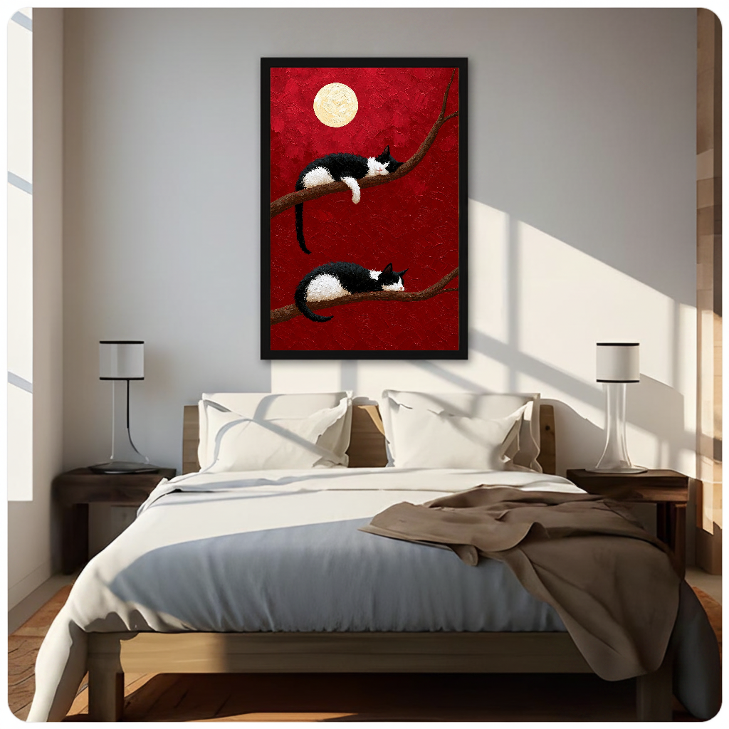 Framed sleeping cats full moon canvas above a neutral bed beside soft bedroom lighting and lamps.