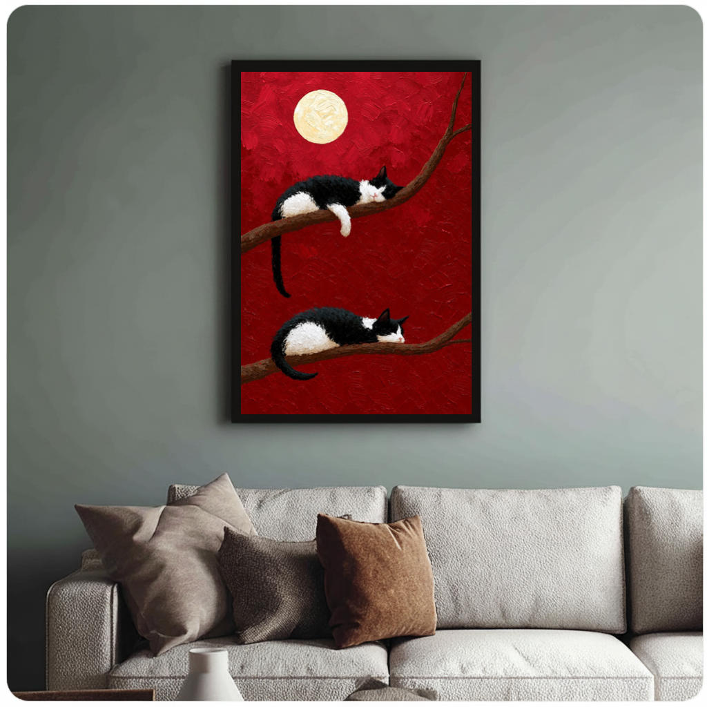 Framed sleeping cats full moon canvas above a neutral sofa with cushions against a muted wall.