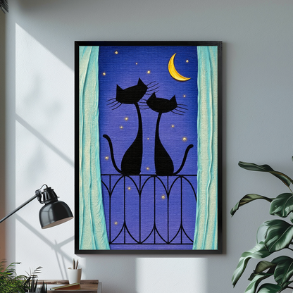 Black framed balcony cats purple night canvas on a pale wall above a desk and plant.