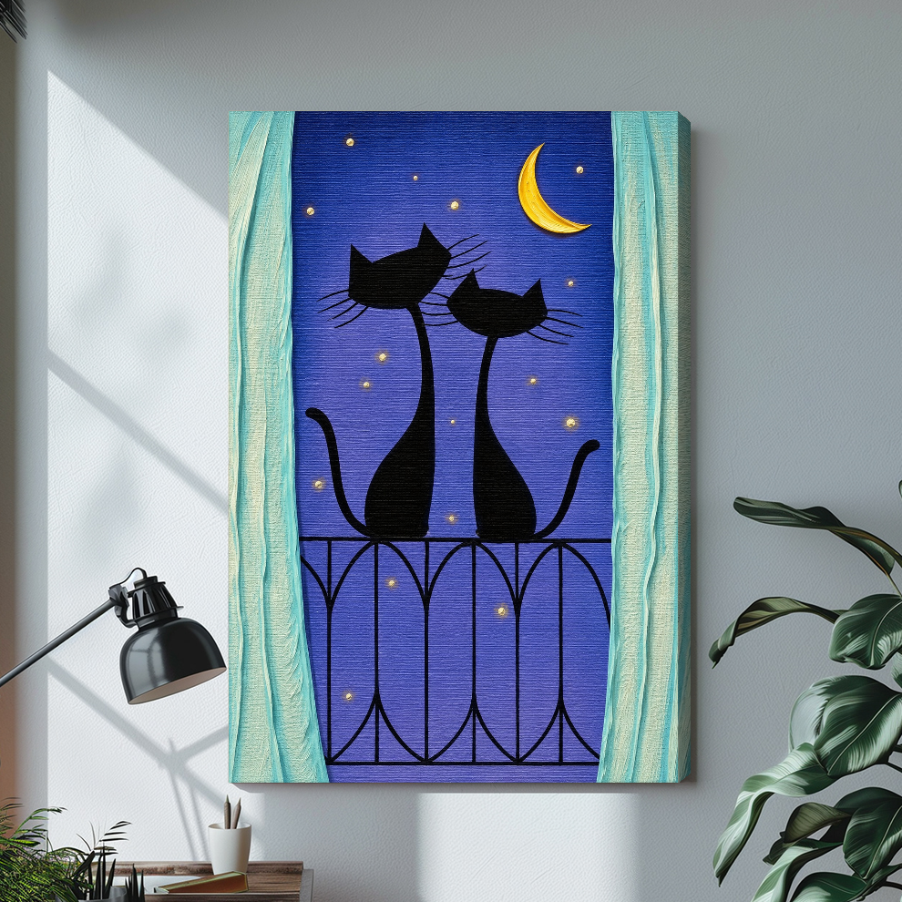 Stretched balcony cats purple night canvas with a shaded wrapped edge in the selected room setting.