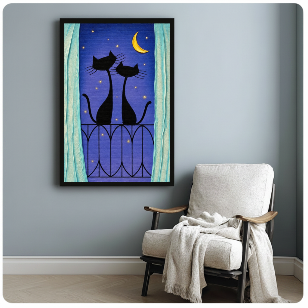 Framed balcony cats purple night canvas beside a pale reading chair on a blue gray wall.