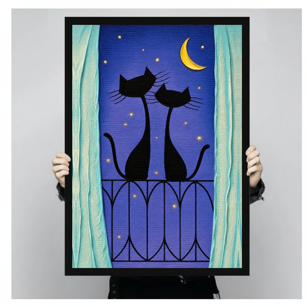 Framed balcony cats purple night canvas held by a person against a light neutral background.