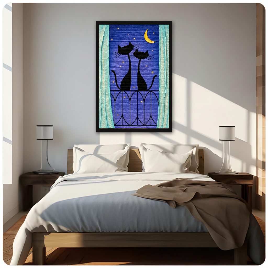 Framed balcony cats purple night canvas above a neutral bed beside soft bedroom lighting and lamps.