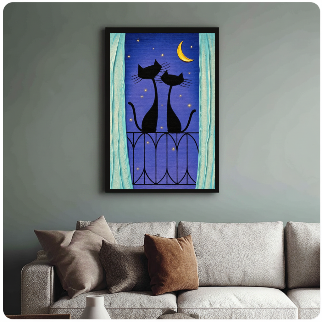 Framed balcony cats purple night canvas above a neutral sofa with cushions against a muted wall.
