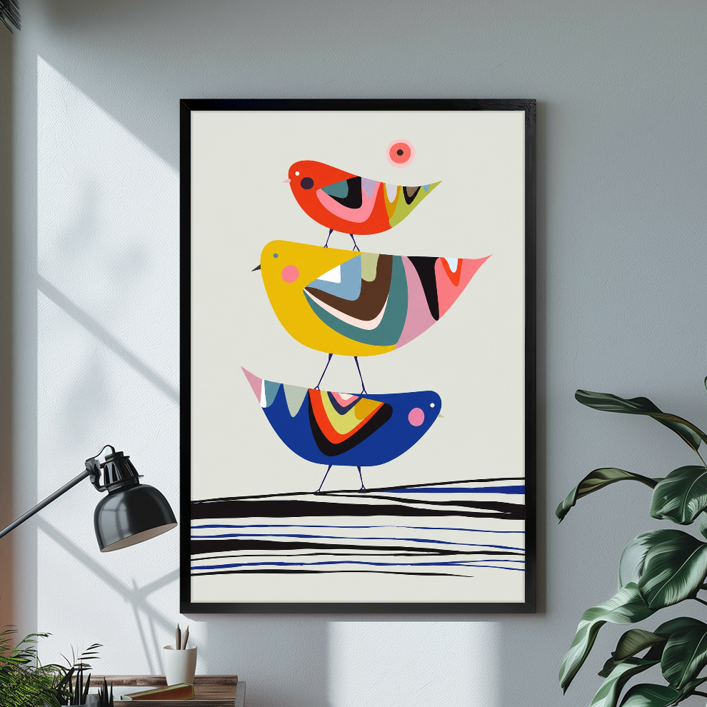 Black framed three geometric birds canvas on a pale wall above a desk and plant.