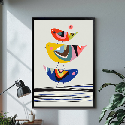 Black framed three geometric birds canvas on a pale wall above a desk and plant.