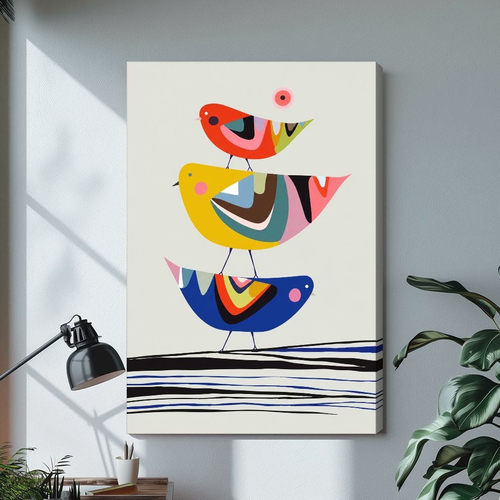 Stretched three geometric birds canvas with a shaded wrapped edge in the selected room setting.