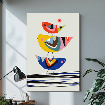 Stretched three geometric birds canvas with a shaded wrapped edge in the selected room setting.