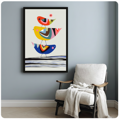 Framed three geometric birds canvas beside a pale reading chair on a blue gray wall.
