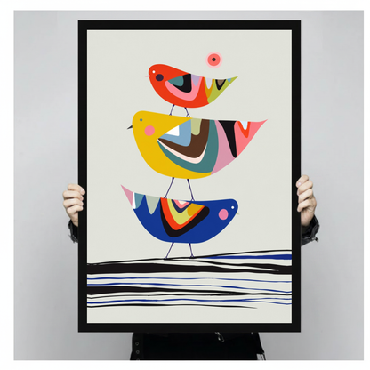 Framed three geometric birds canvas held by a person against a light neutral background.