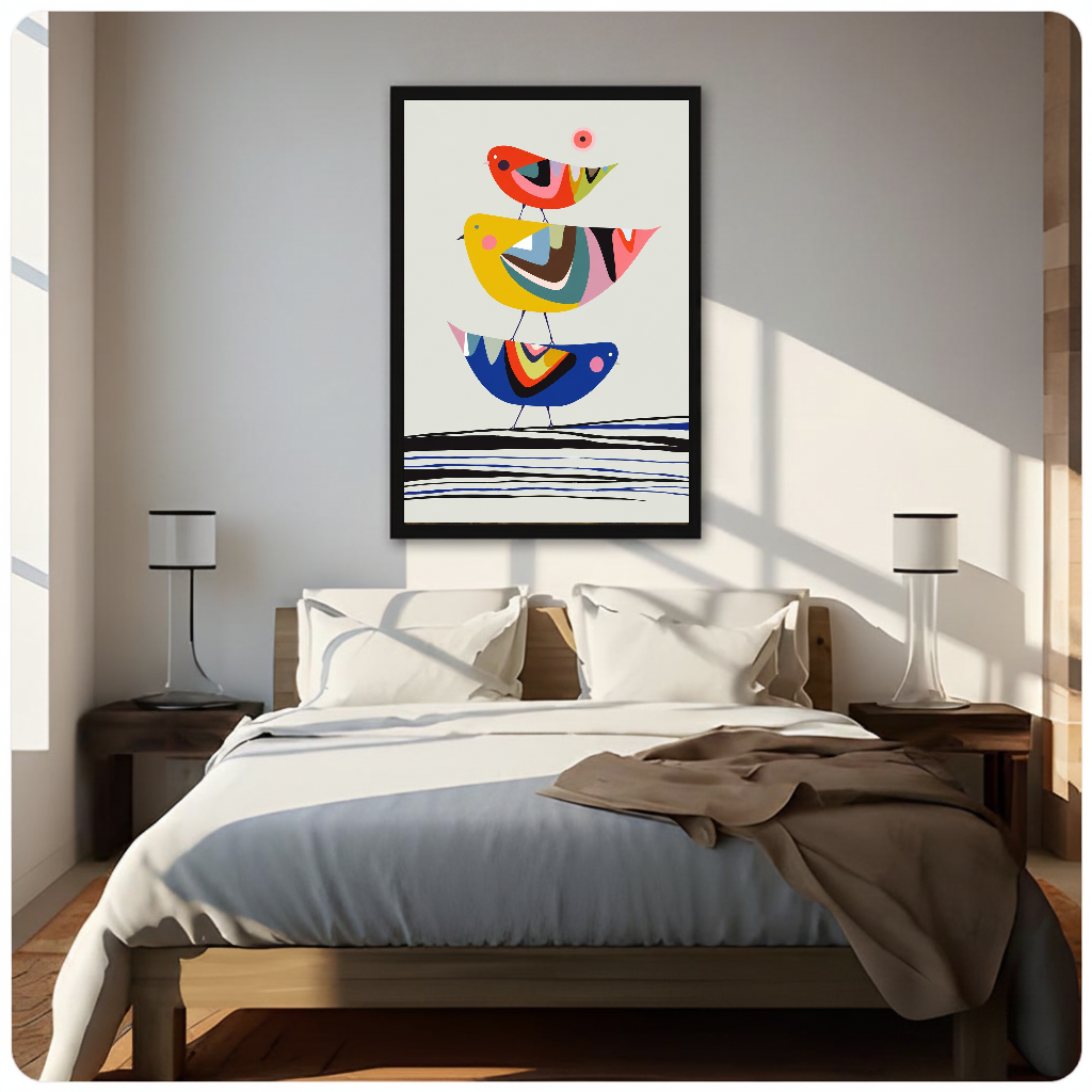 Framed three geometric birds canvas above a neutral bed beside soft bedroom lighting and lamps.