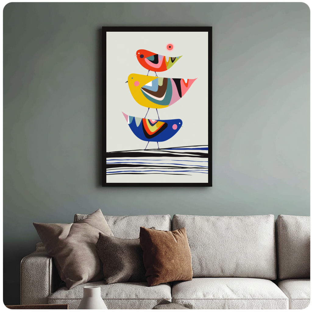 Framed three geometric birds canvas above a neutral sofa with cushions against a muted wall.