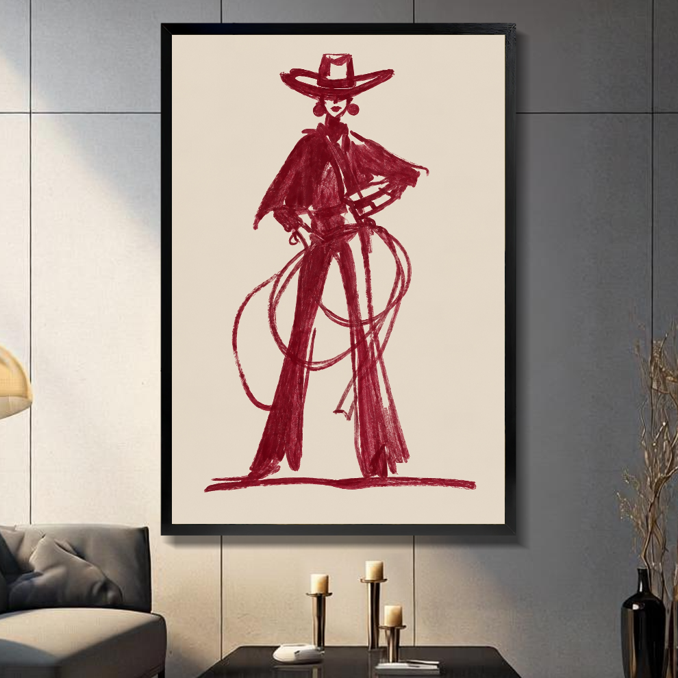 Black framed burgundy lasso cowboy canvas on a dark paneled wall beside warm candles.