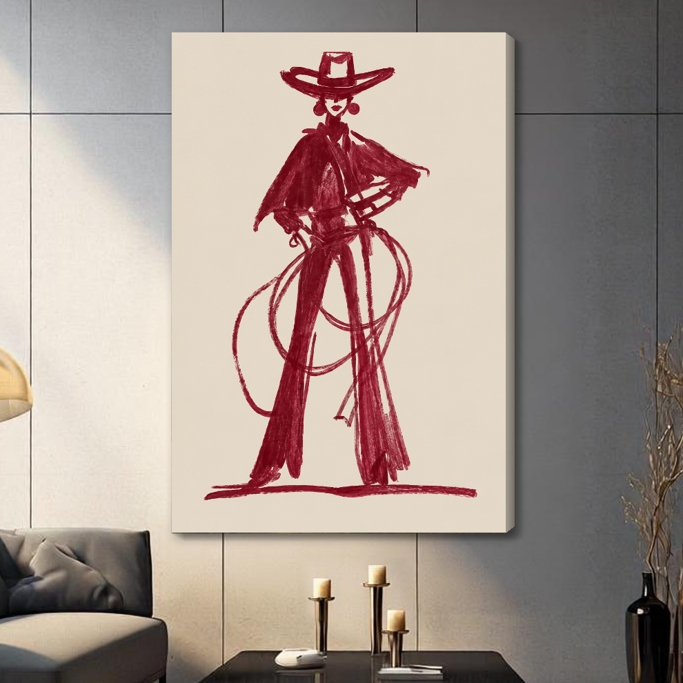 Stretched burgundy lasso cowboy canvas with a shaded wrapped edge in the selected room setting.