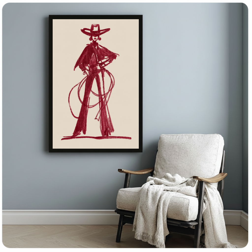 Framed burgundy lasso cowboy canvas beside a pale reading chair on a blue gray wall.