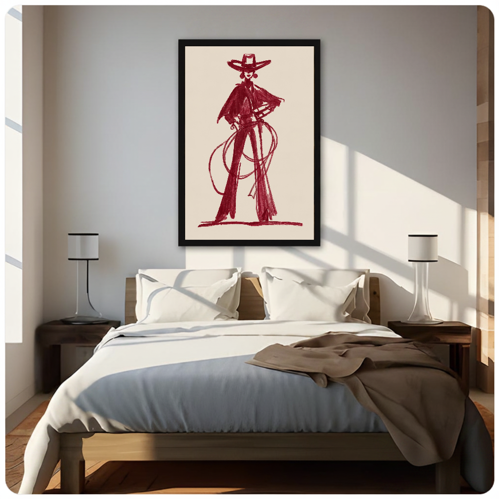 Framed burgundy lasso cowboy canvas above a neutral bed beside soft bedroom lighting and lamps.