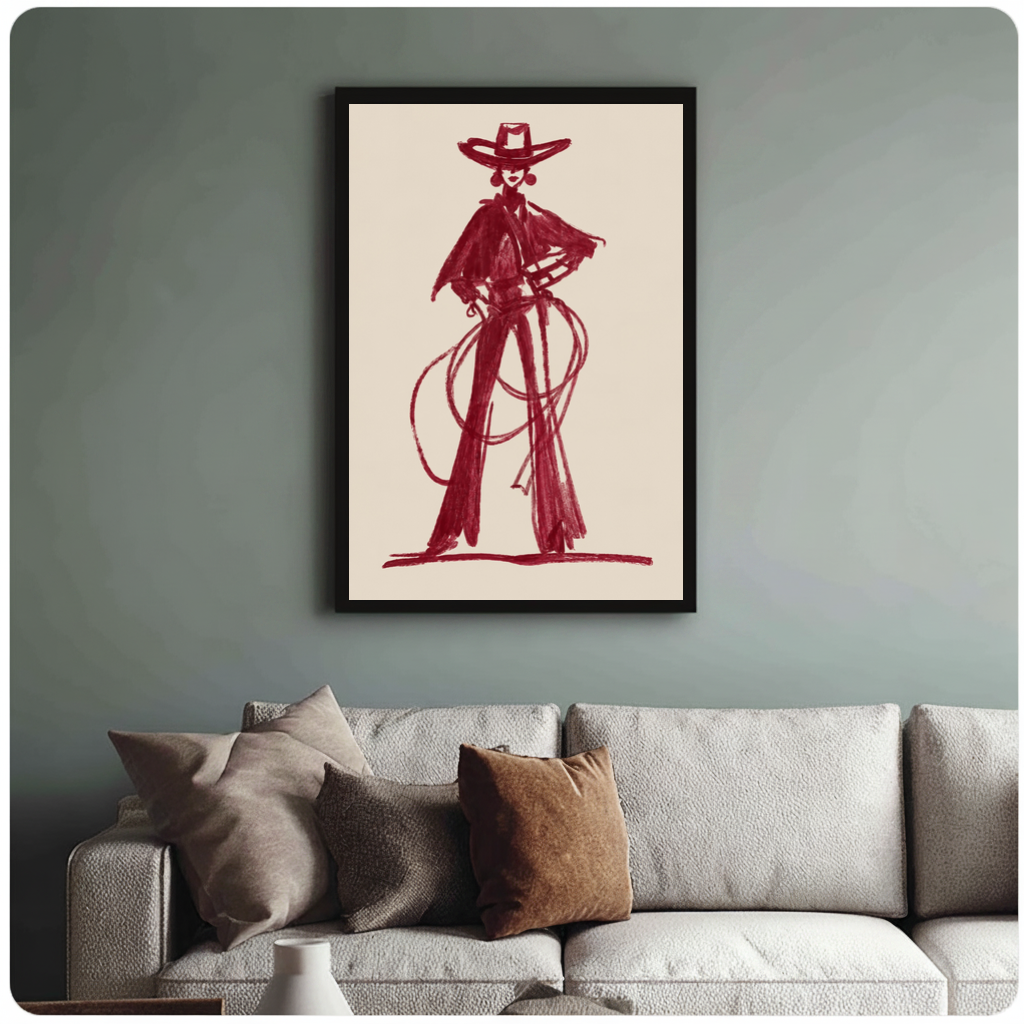 Framed burgundy lasso cowboy canvas above a neutral sofa with cushions against a muted wall.
