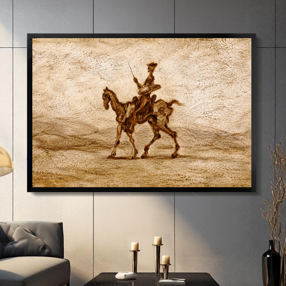 Black framed sepia western horse rider canvas on a dark paneled wall beside warm candles.