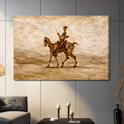 Stretched sepia western horse rider canvas with a shaded wrapped edge in the selected room setting.