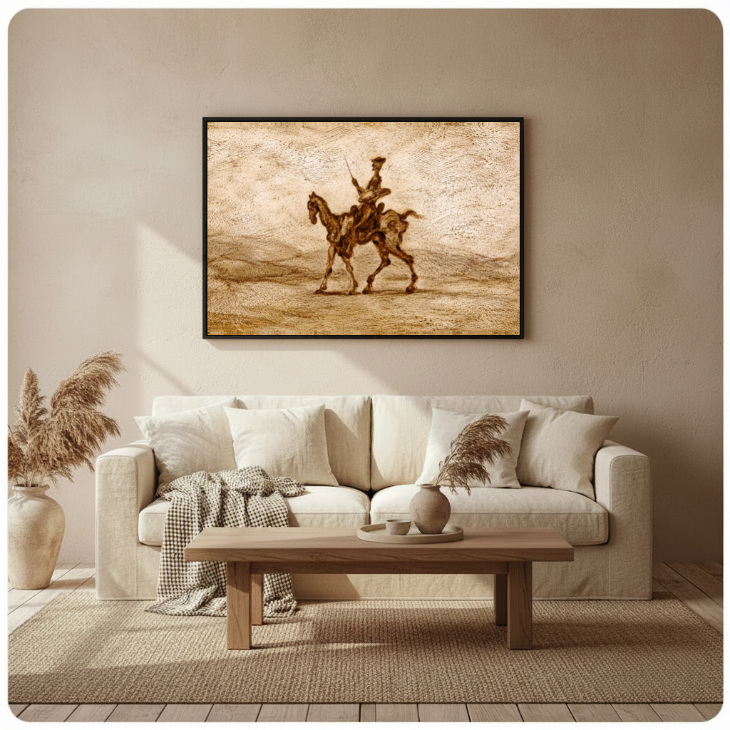 Framed sepia western horse rider canvas above a neutral sofa beside pampas grass and a coffee table.
