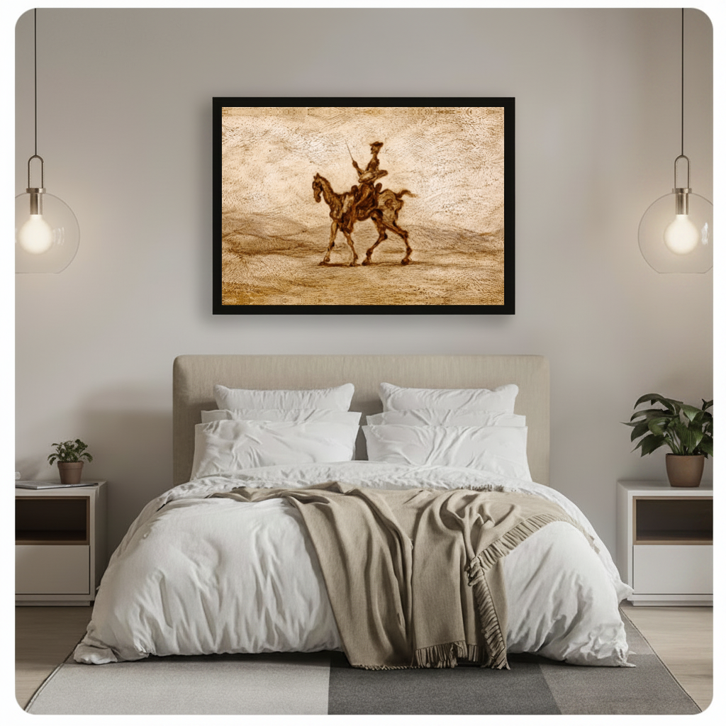 Framed sepia western horse rider canvas above a gray bed between hanging pendant lamps in a neutral bedroom.