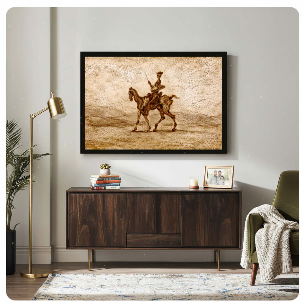 Framed sepia western horse rider canvas above a wooden sideboard beside books and an angled brass lamp.